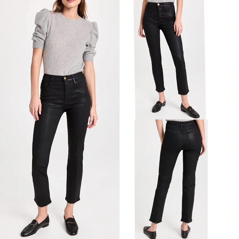 Frame High Rise Straight Coated  Stretchy Jeans in Noir Womens Size 29 - Picture 2 of 14